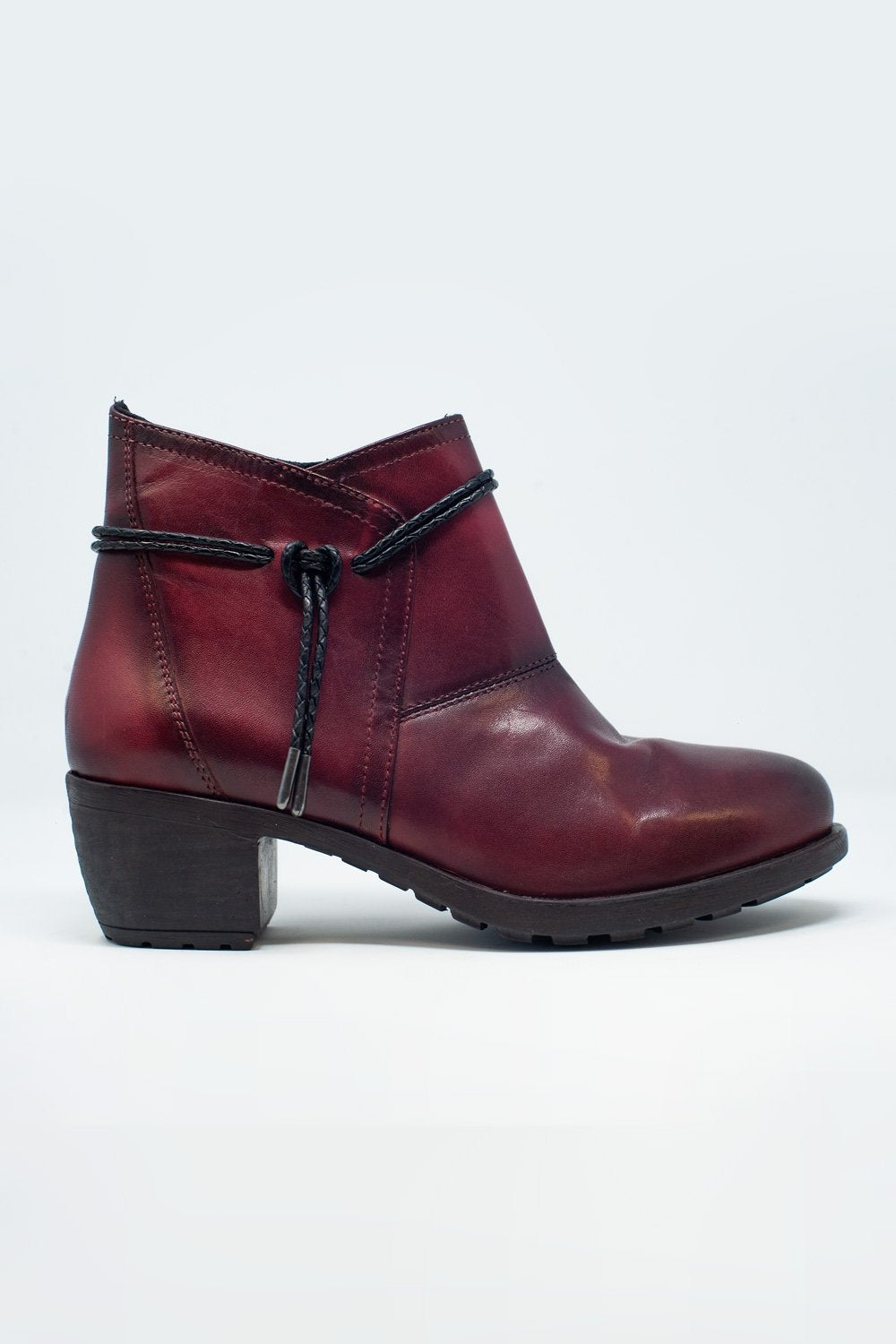 Q2 - Maroon Blocked Mid Heeled Ankle Boots With Round Toe - 1 COLOR -