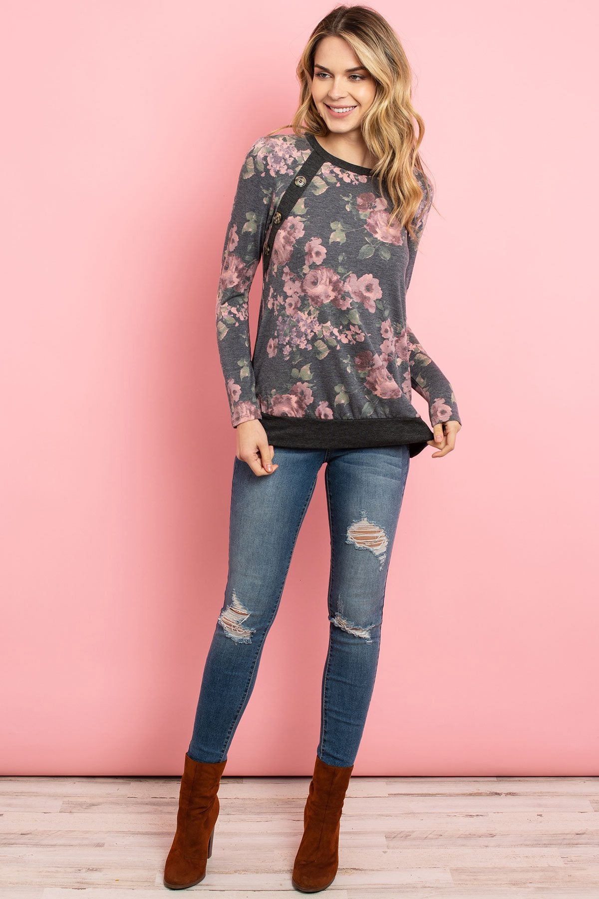 Riah Fashion - Button Detail Long Sleeved Floral Print Top - 2 COLOR COMBOS -