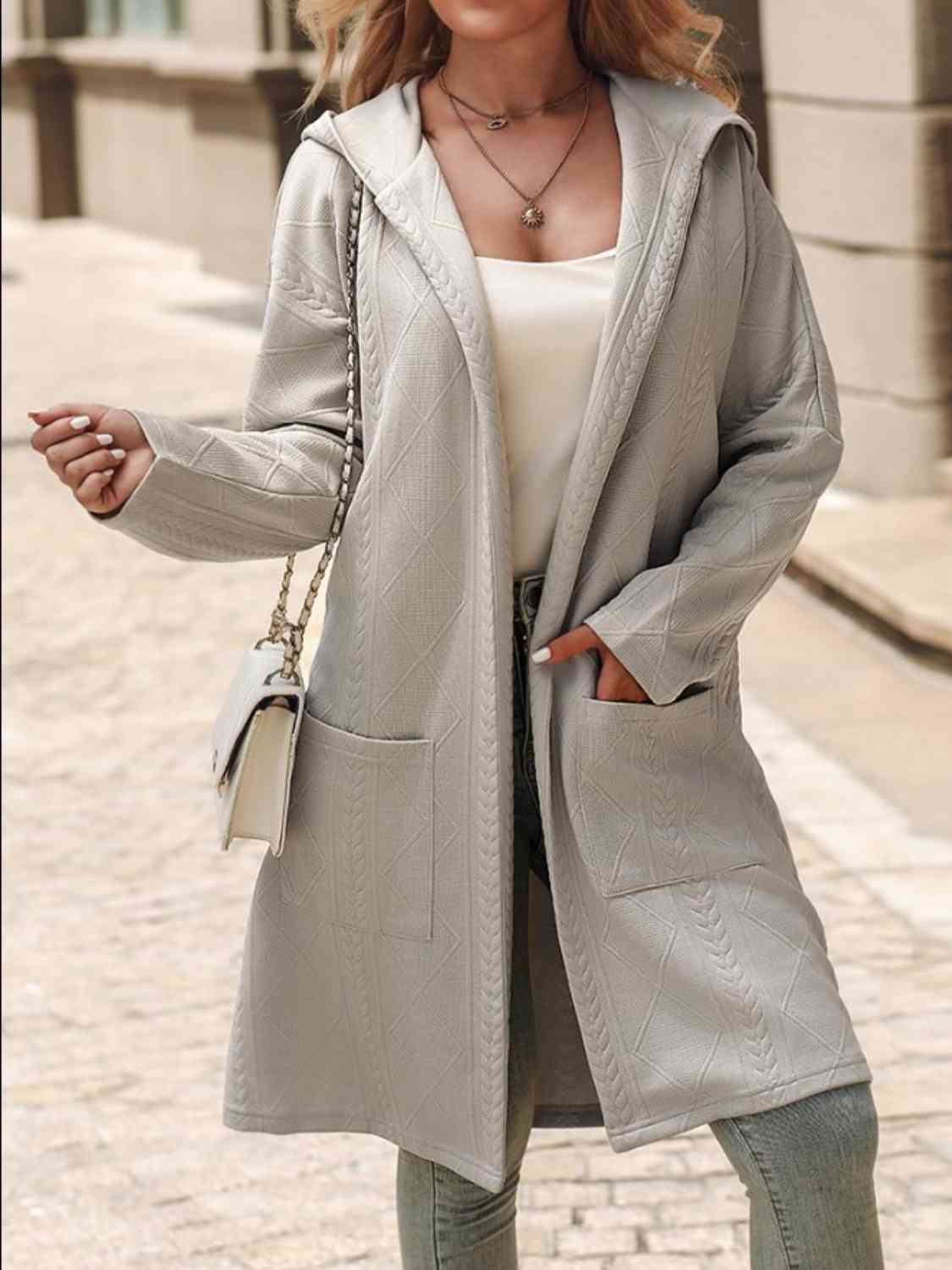 Geometric Hooded Coat with Pockets - T - 1 COLOR -