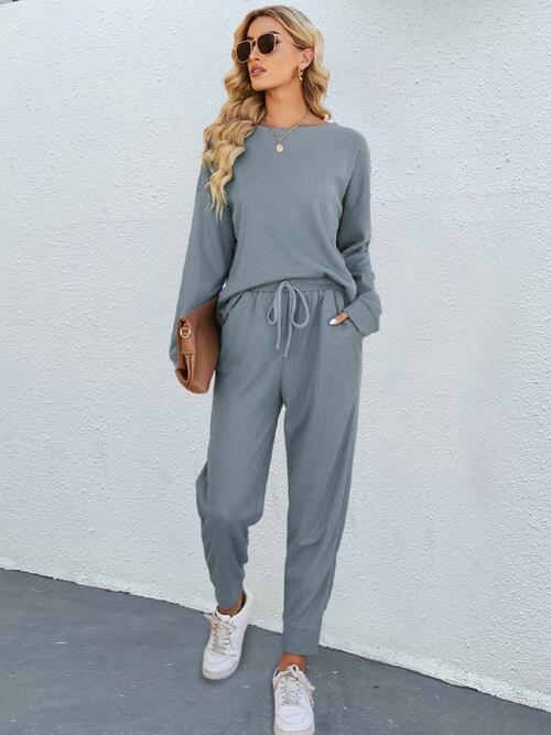 Round Neck Top and Drawstring Pants Set - 2 PCS. - T - 1 COLOR -