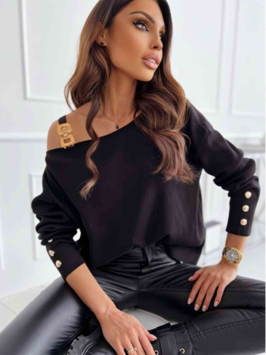 Asymmetrical Neck Buttoned Top - T - 3 COLORS -