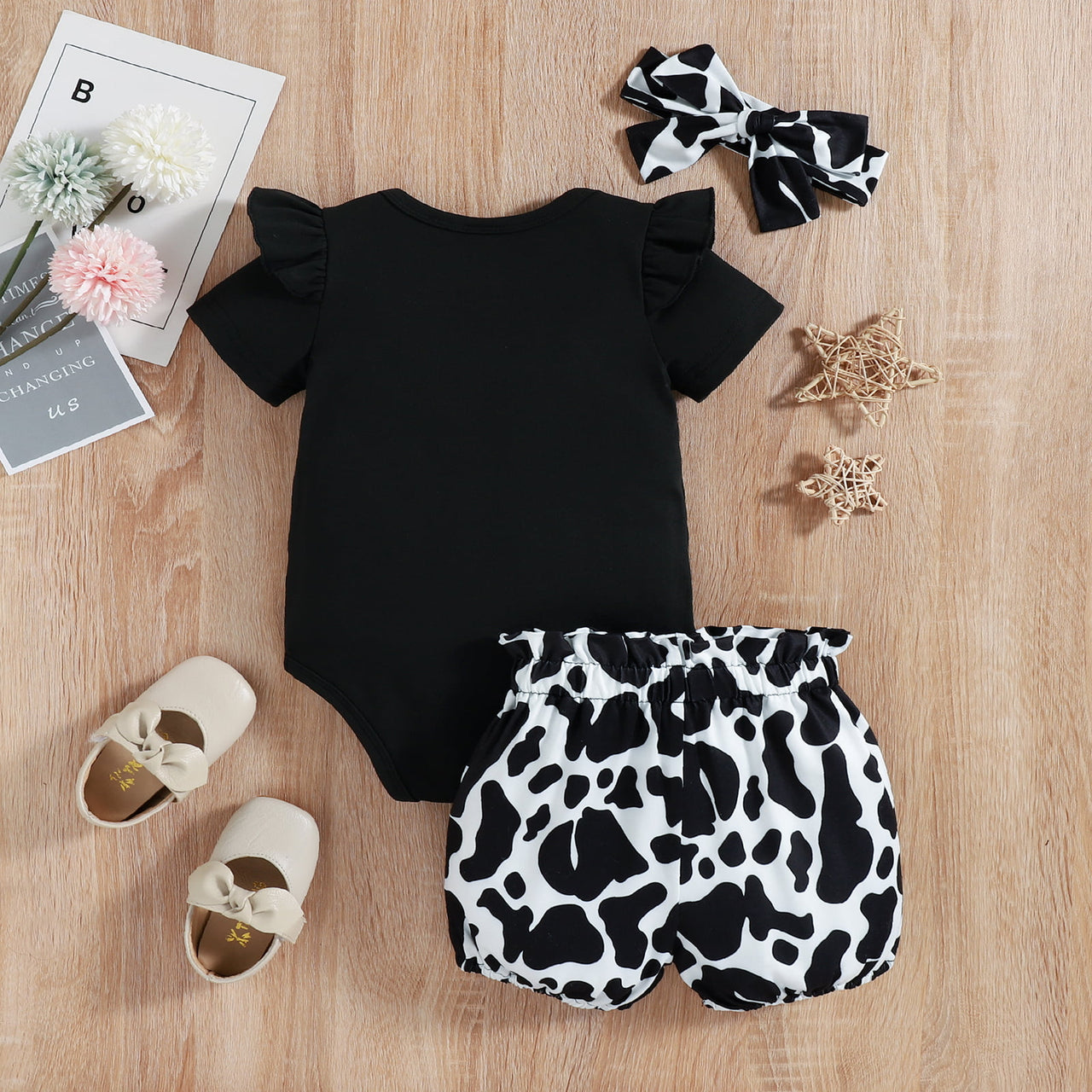 Graphic Ruffled Bodysuit and Cow Print Shorts Set with Headband - 3 PCS. - T- 1 COLOR -