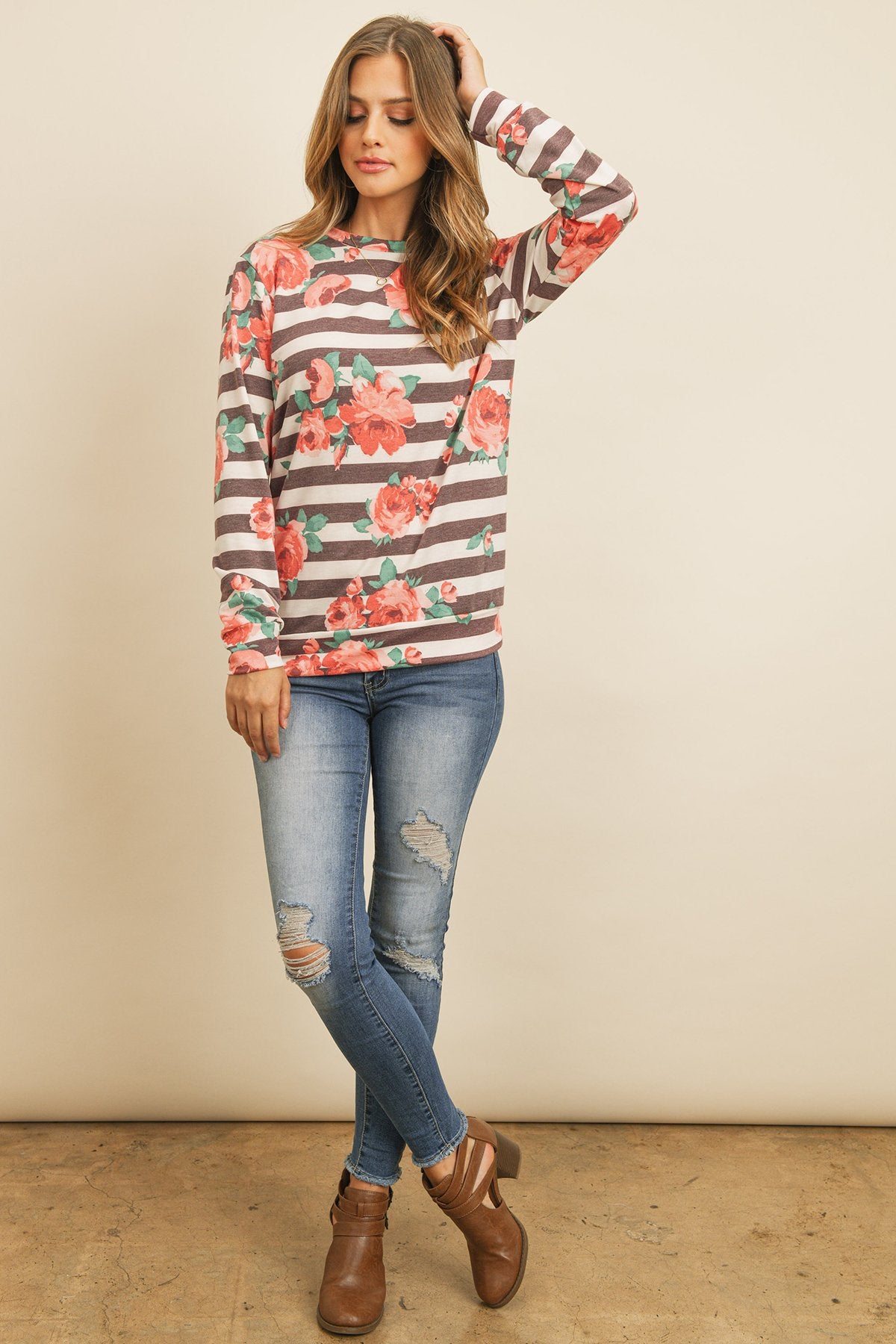 Riah Fashion - Round Neck Floral Striped Pullover - 1 COLOR -