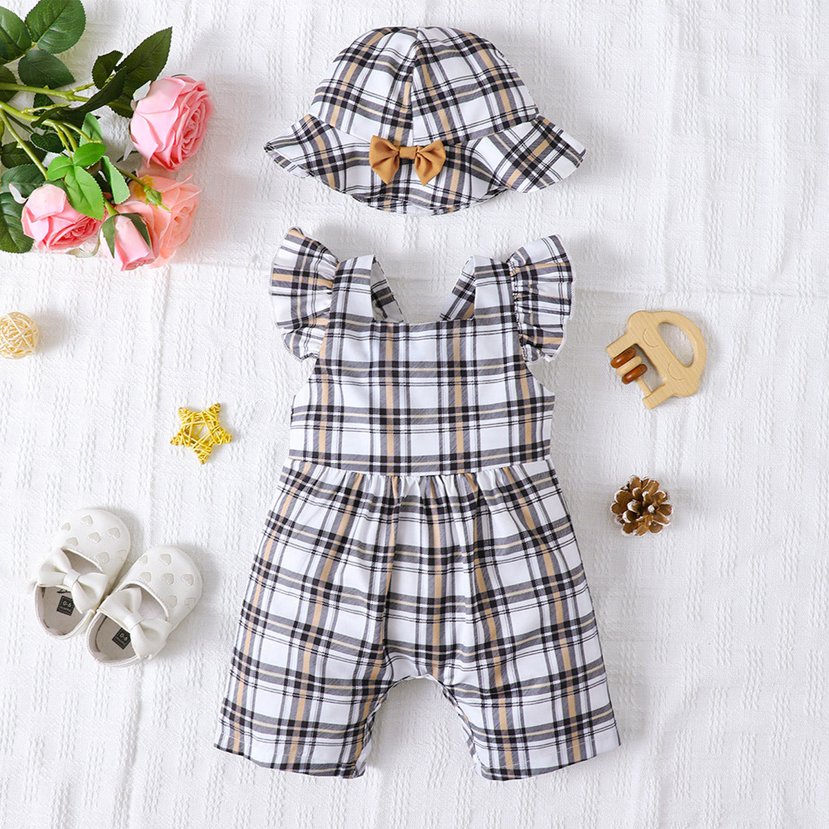 Plaid Square Neck Bow Detail Jumpsuit with Hat - T - 5 SIZES - 1 COLOR -