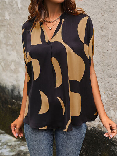 Printed Notched Slit Half Sleeve Blouse - T - 1 COLOR -