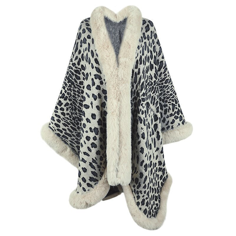 Sharon Tatem - Thick Warm Poncho Faux Fur Collar Cape Coat - Vintage Faux Leopard Sweater Cardigan - Batwing Sleeve Shawl -