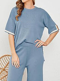 Thumbnail for Contrast High-Low Sweater and Knit Pants Set - T - 7 COLORS -