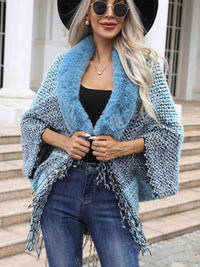 Thumbnail for Color Block Open Front Fringe Hem Poncho - T - 1 COLOR -