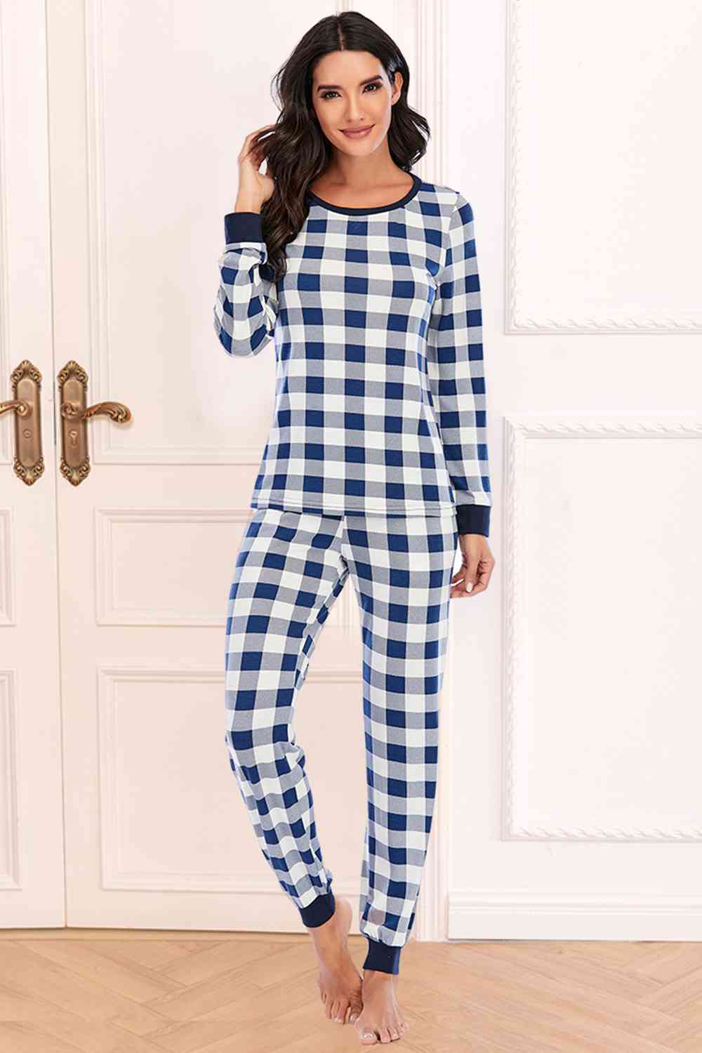 Plaid Round Neck Top and Pants Set - T - 2 COLORS -