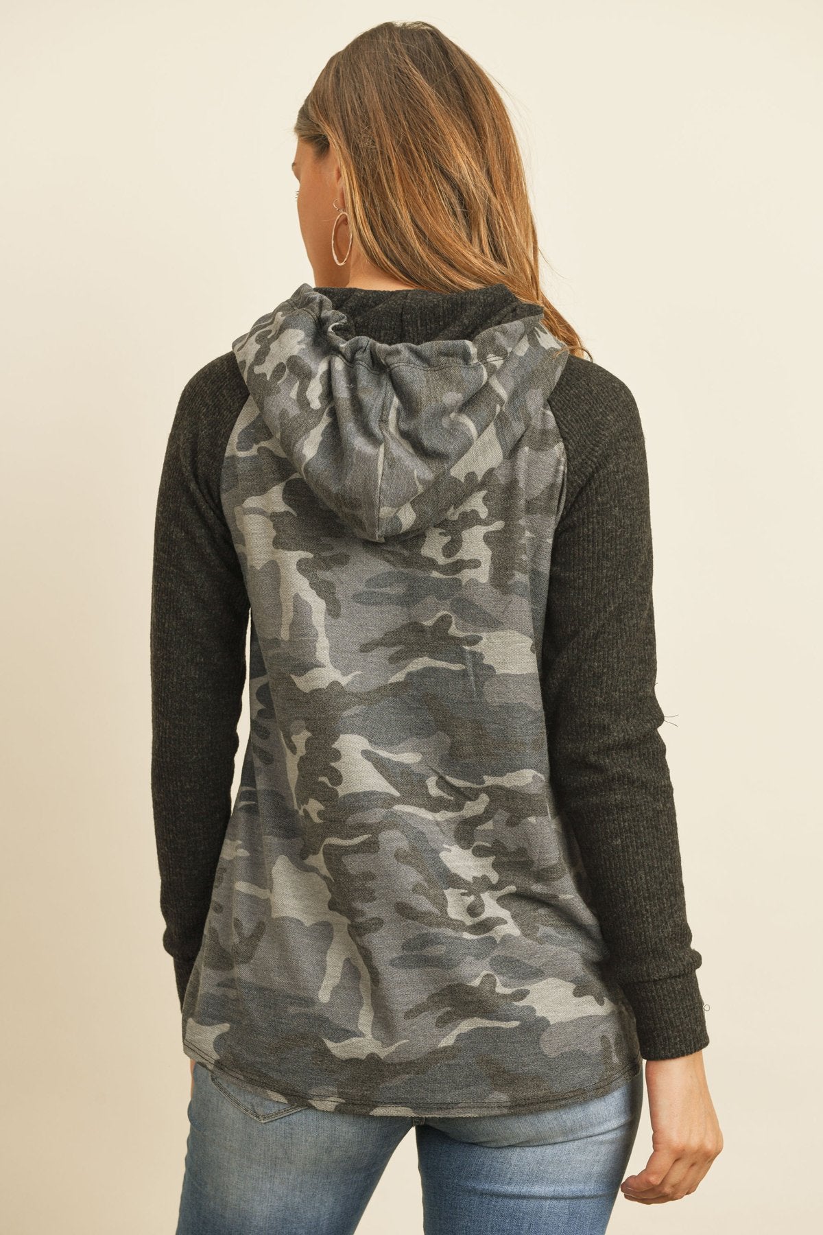 Riah Fashion - Self Tie Rib Hacci Brushed Sleeve Camouflage Hoodie - 2 CAMOS -