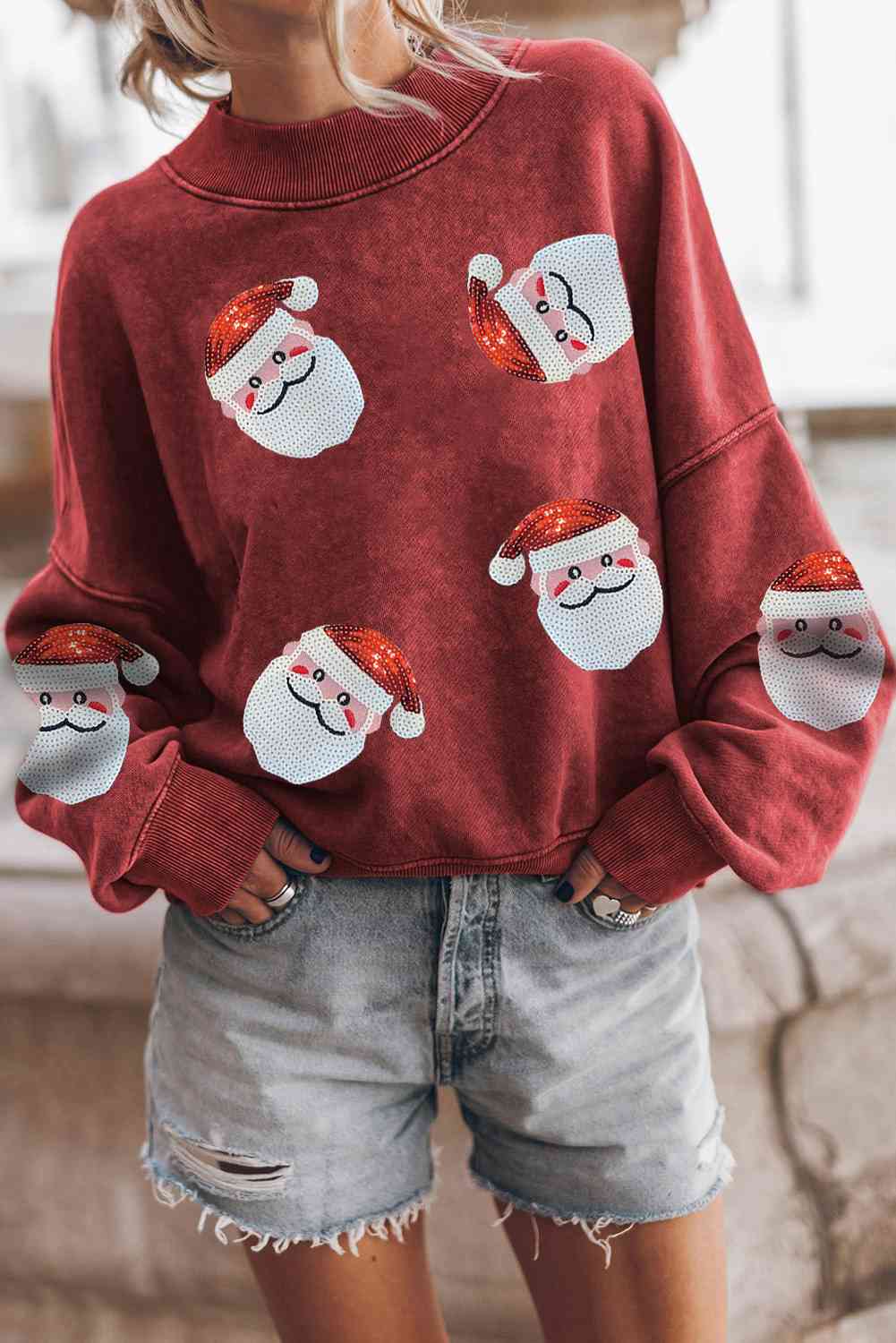 Sequin Santa Patch Round Neck Sweatshirt - T - 2 COLORS -