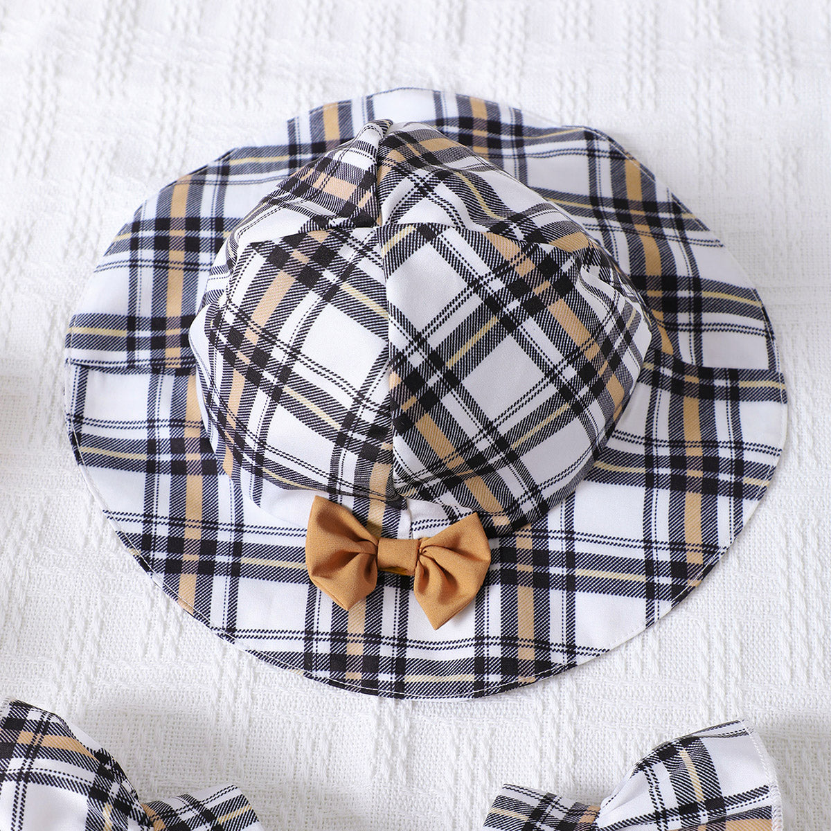 Plaid Square Neck Bow Detail Jumpsuit with Hat - T - 5 SIZES - 1 COLOR -