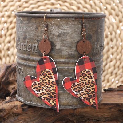 Faux Leather Wood Heart Dangle Earrings - T - 1 COLOR -