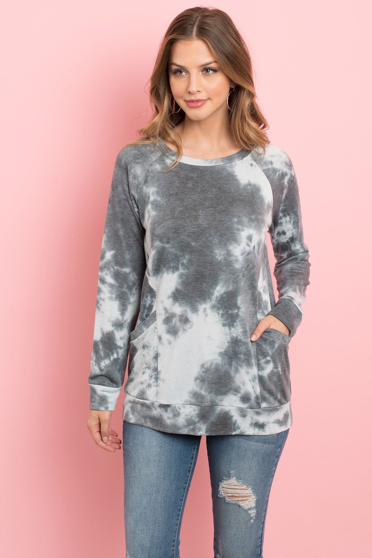 Riah Fashion - Tie Dye Long Sleeve Top With Kangaroo Pocket - 4 COLORS -