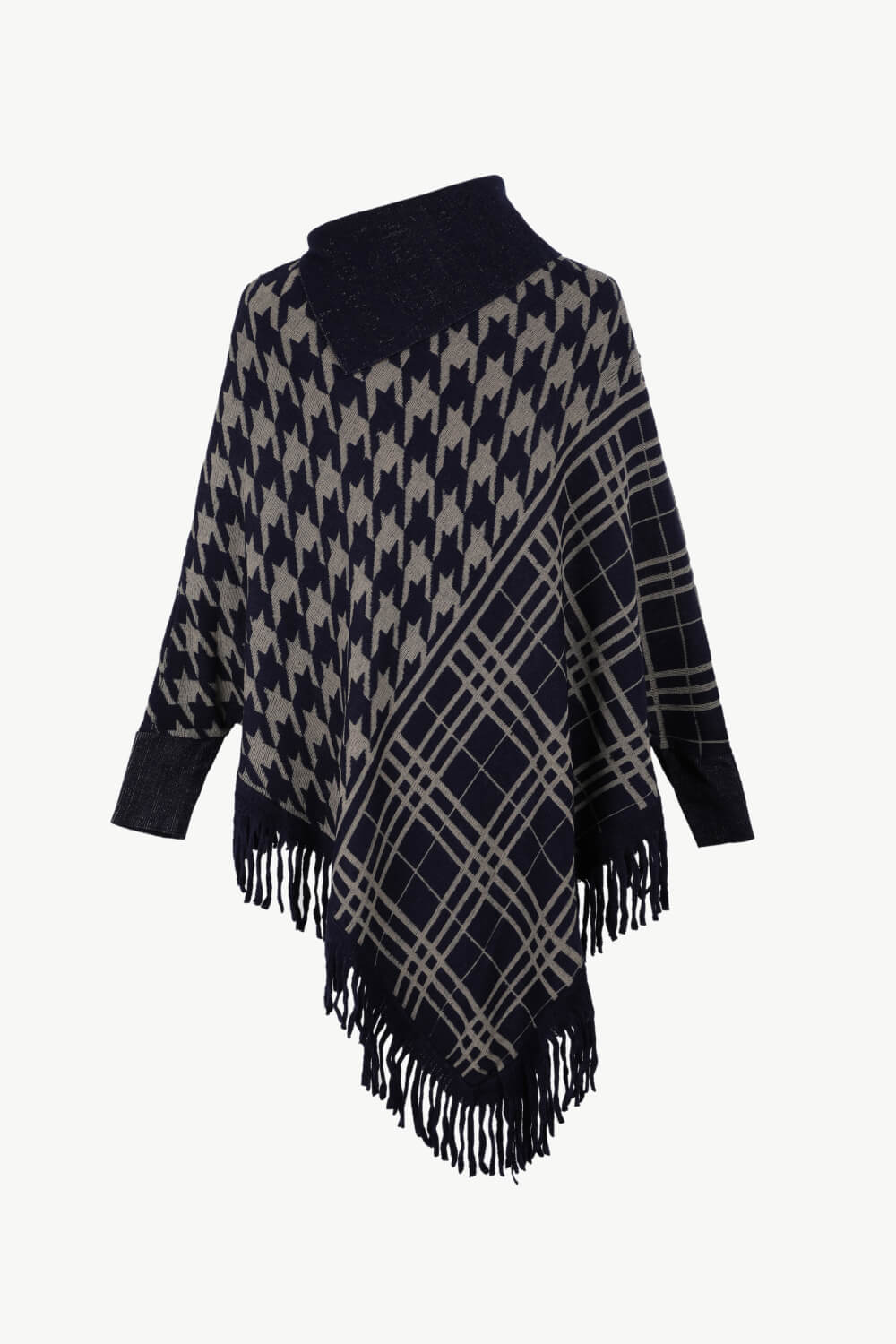 Houndstooth Turtleneck Fringe Hem Poncho - T - 5 COLORS -