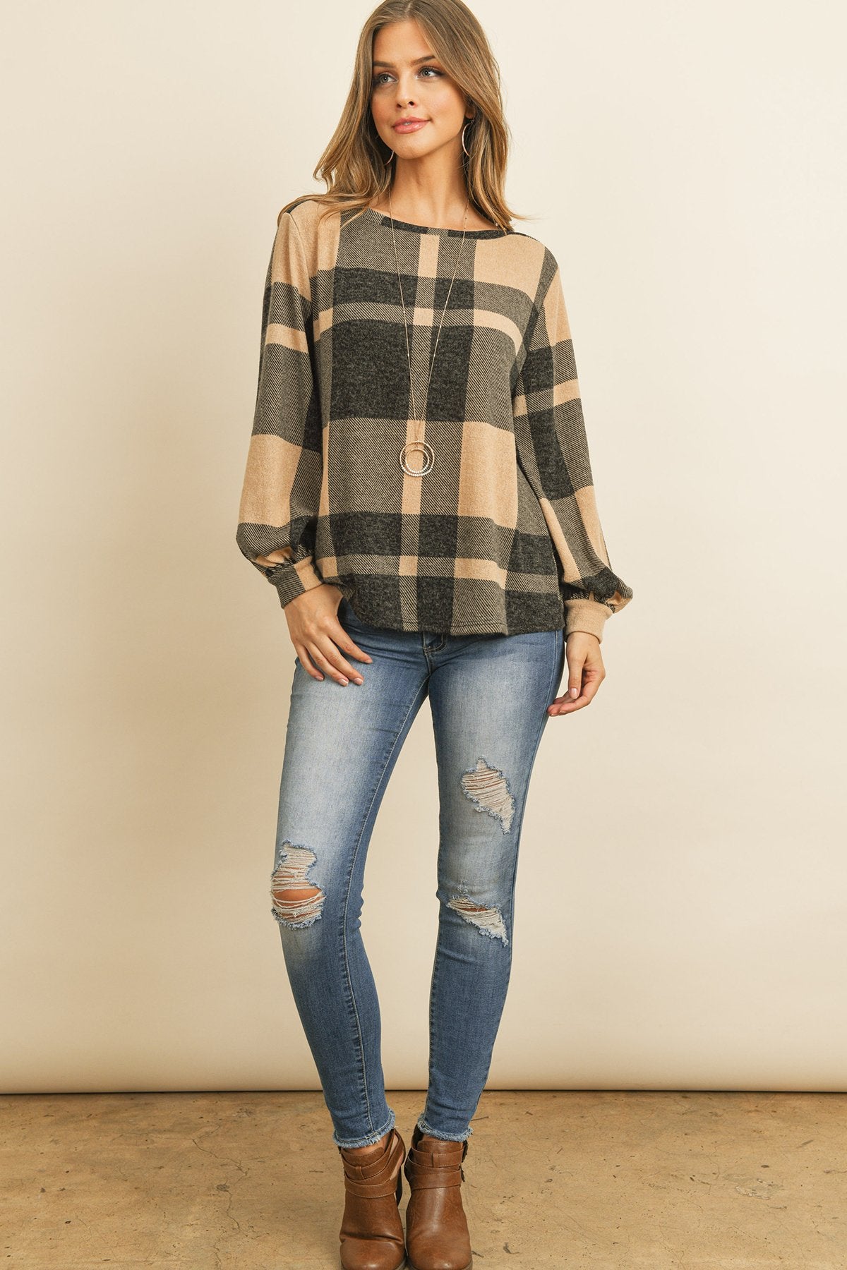 Riah Fashion - Boat Neck Puff Sleeves Plaid Top - 3 COLORS -