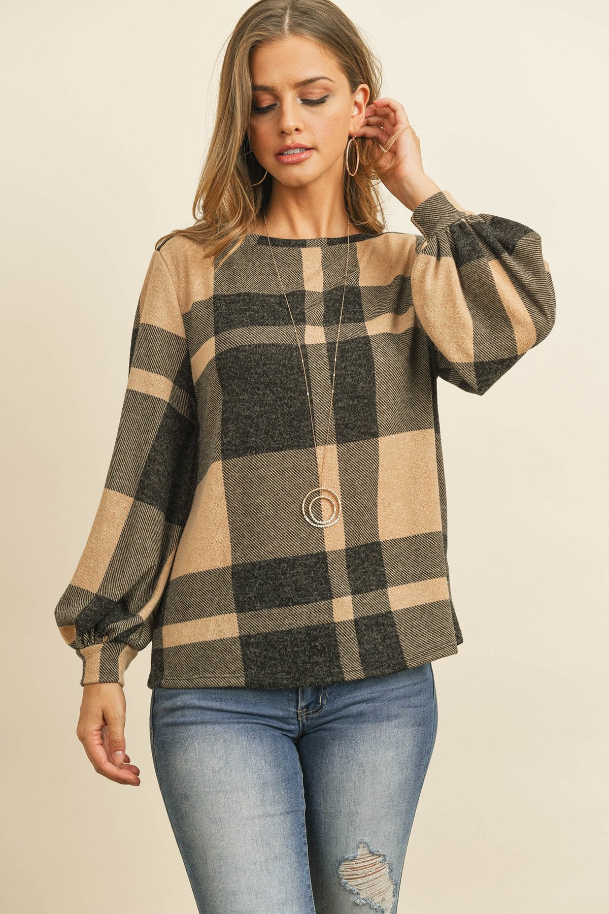 Riah Fashion - Boat Neck Puff Sleeves Plaid Top - 3 COLORS -