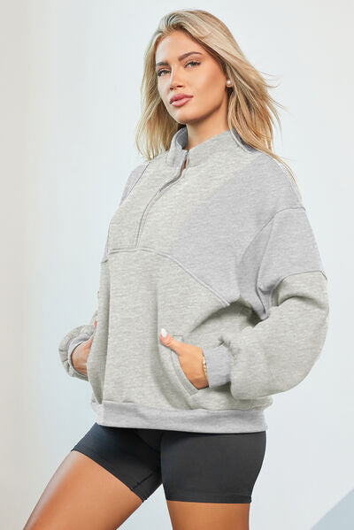 Half Zip Dropped Shoulder Sweatshirt - T - 2 COLORS -