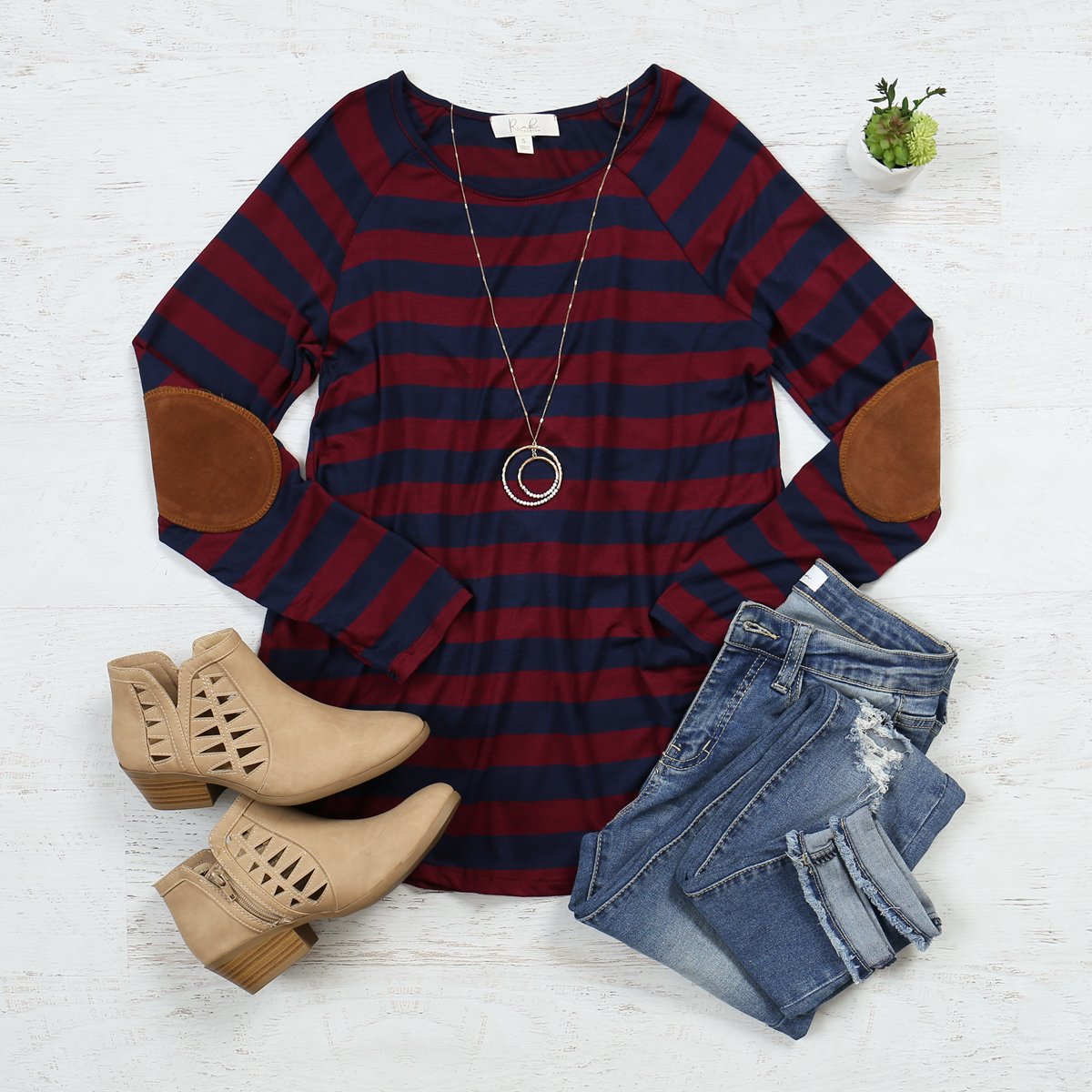 Riah Fashion - Elbow Suede Patch Striped Tunic - 6 COLORS -