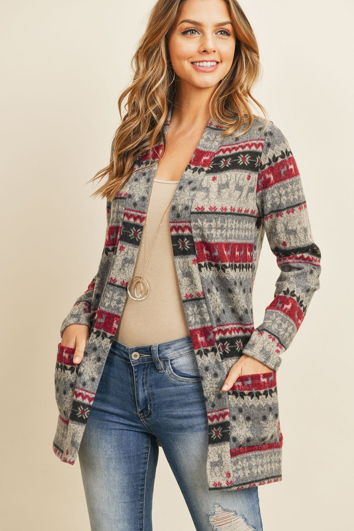 Riah Fashion - Boho Print Long Sleeved Front Pocket Open Cardigan - 2 COLOR COMBOS -