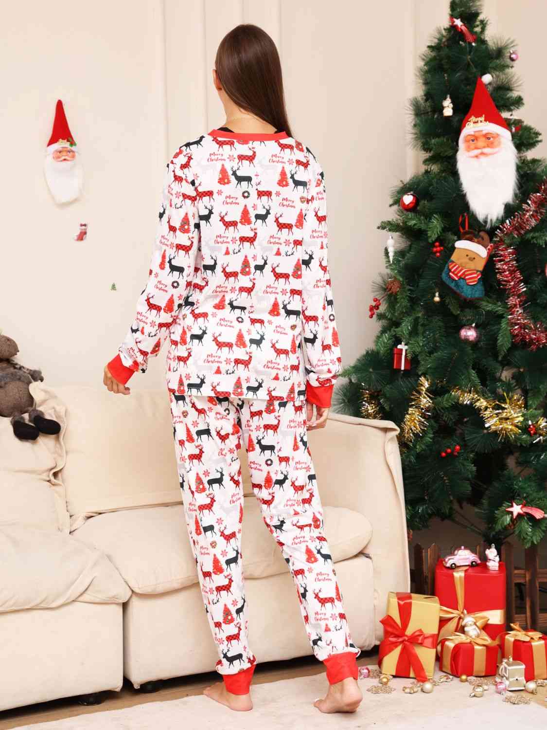 WOMEN Full Size Reindeer Print Top and Pants Set - T -