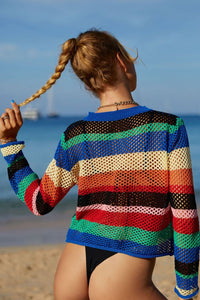 Thumbnail for Rainbow Stripe Openwork Long Sleeve Cover-Up - T - 1 COLOR -