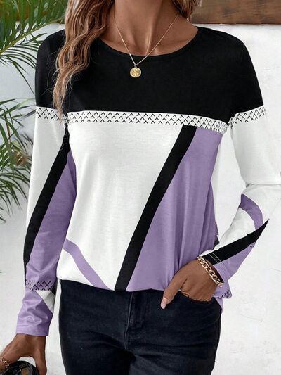 Contrast Round Neck Long Sleeve T-Shirt - T - 4 COLORS -