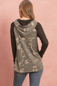 Thumbnail for Riah Fashion - Camouflage Hacci Sleeved Contrast Hoodie With Drawstrings - 1 COLOR -