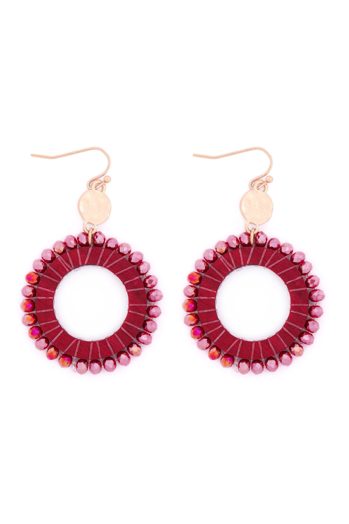 Riah Fashion - Glass Beaded Wood Hoop Drop Earrings - 4 COLORS