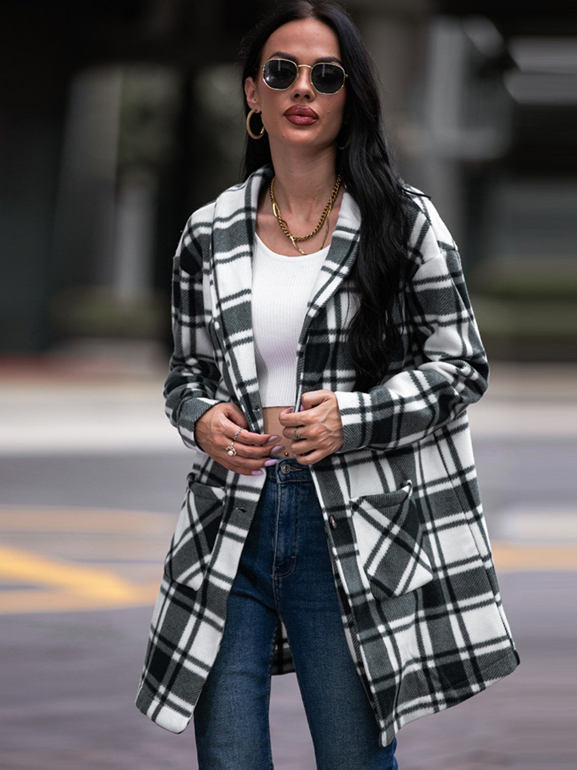 Plaid Shawl Collar Jacket with Pockets - t - 3 colors -