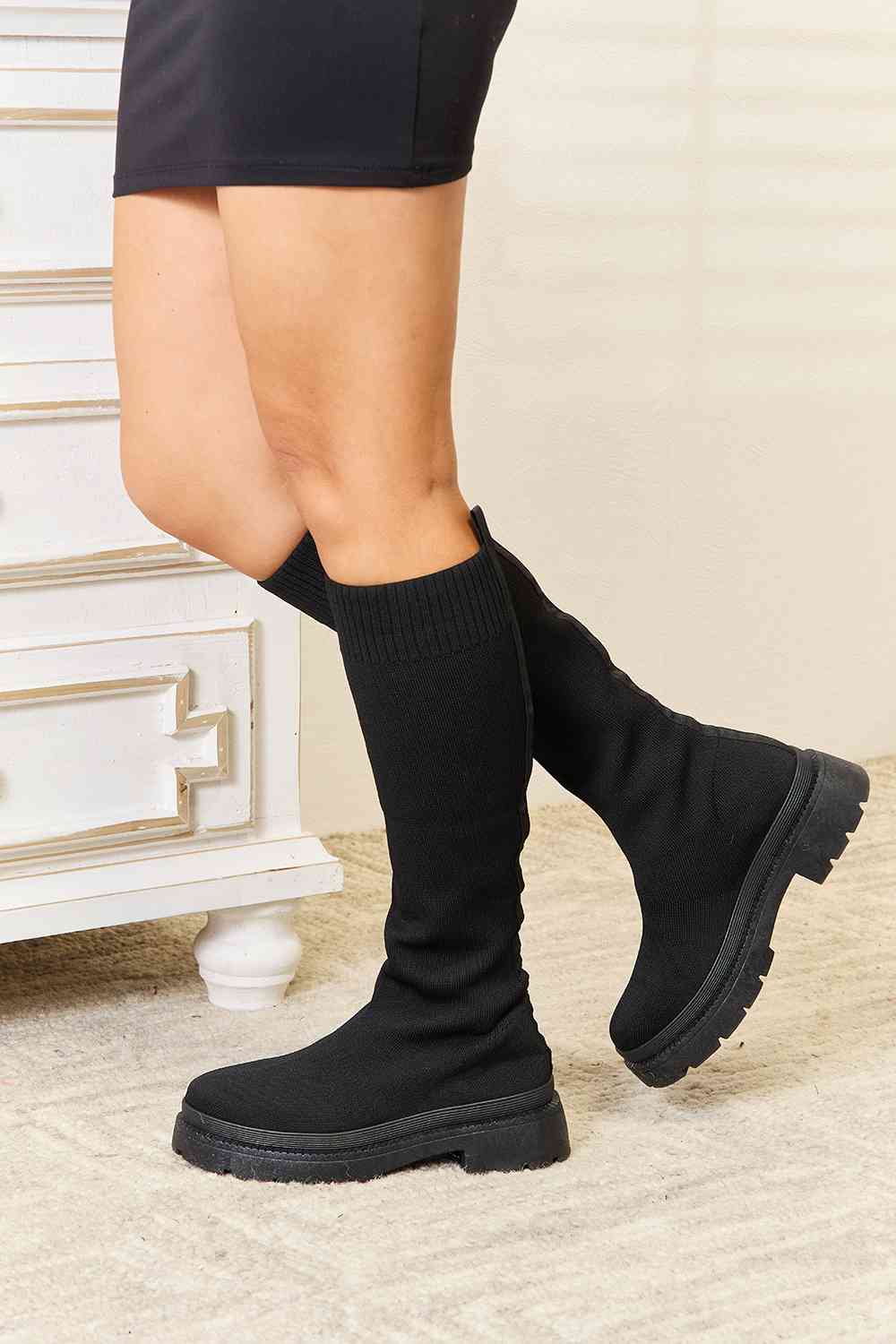 Comfort Footwear Knee High Platform Sock Boots - T - 1 COLOR -