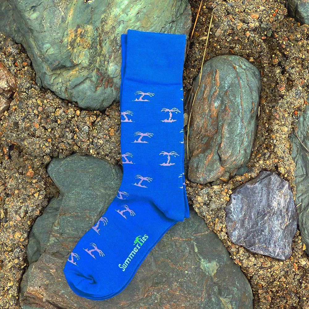 Summer Ties - Palm Tree Socks - Men's Mid Calf - Blue - 1 COLOR -