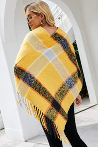 Thumbnail for Plaid Fringe Detail Poncho - T - 7 COLORS -