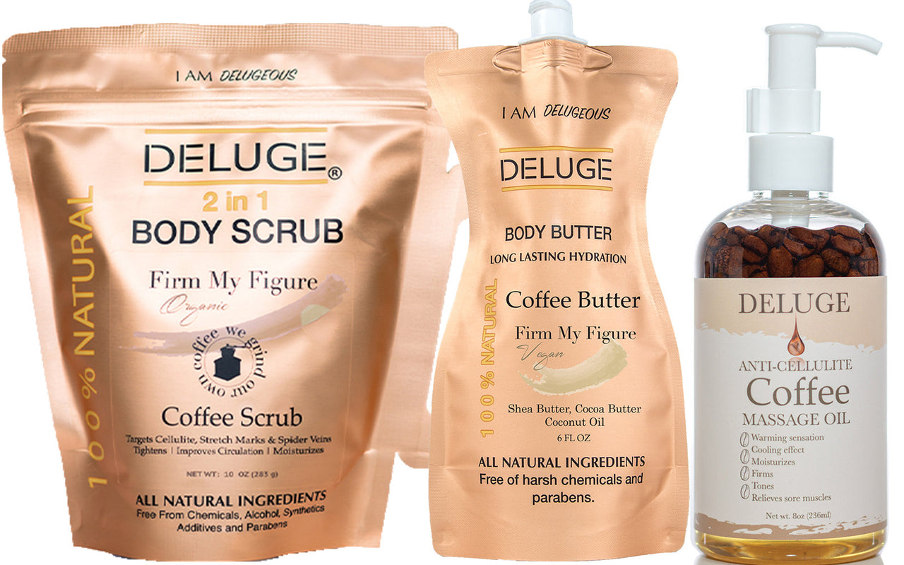 DELUGE - The Coffee Experience: Anti-Cellulite Massage Oil+ Body Scrub - Coffee+ Body Butter - Coffee+ Shampoo and Conditioner - Coffee -