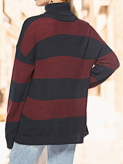 Striped Turtleneck Long Sleeve Sweater - T - 3 COLORS -