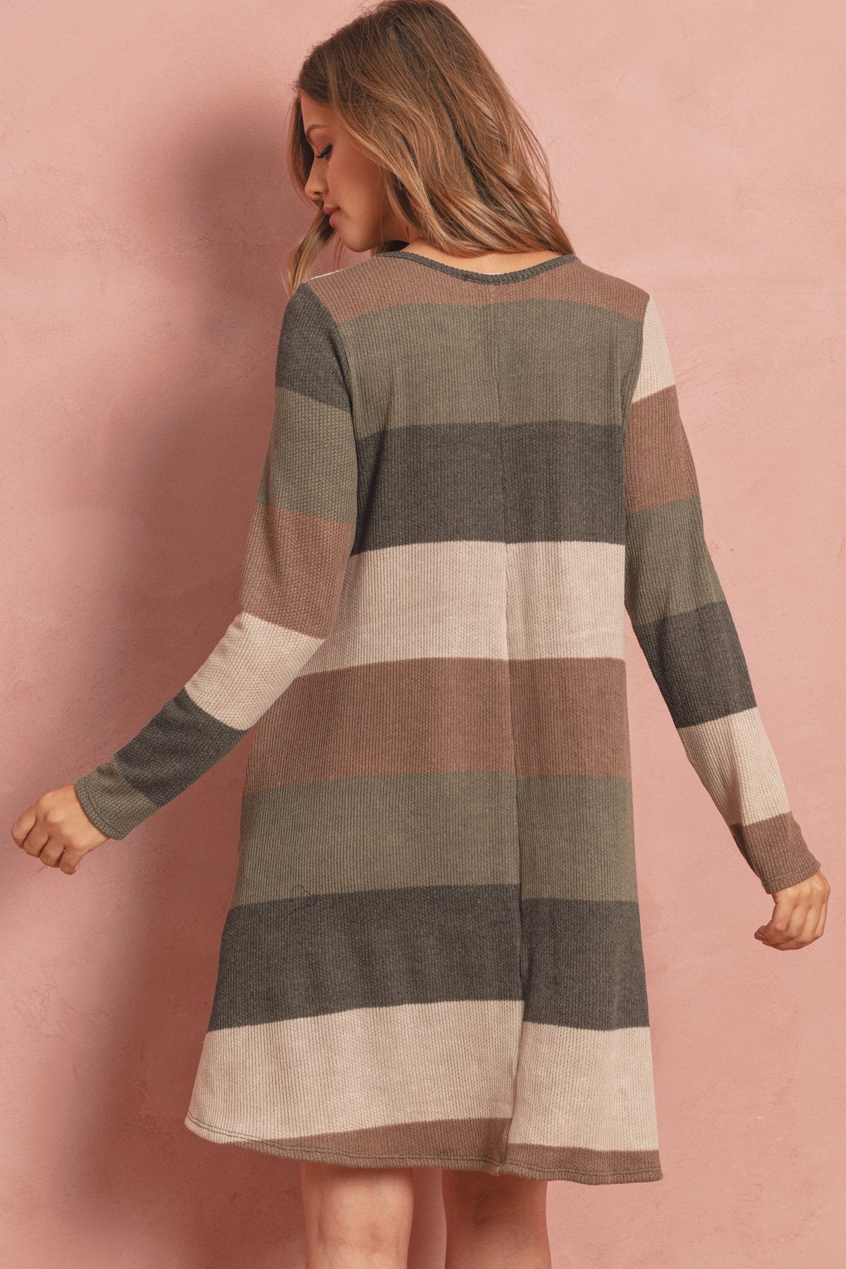 Riah Fashion - Long Sleeved Rib Stripe Pocket Dress - 3 COLORS -