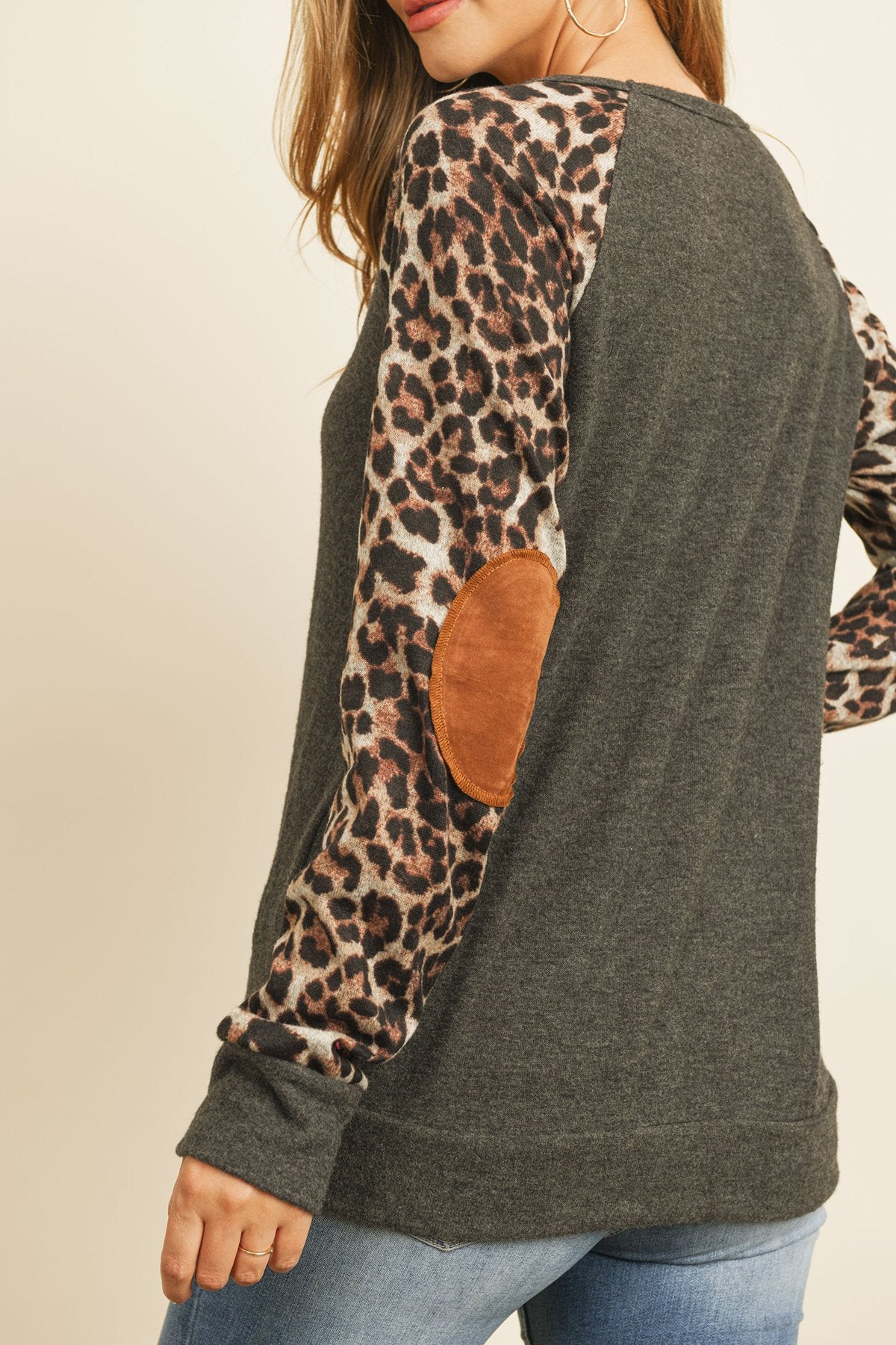 Riah Fashion - Leopard Sleeve Elbow Patch Sweater - 1 COLOR -