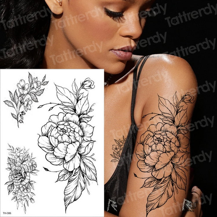 Temporary Tattoos - Black Flower Tattoo Sleeves -Water Transfer Tatoo - Peony Rose Tattoos - Body Art - Girls Arm Tattoos - [8 DAY DELIVERY] - 25 DESIGNS -