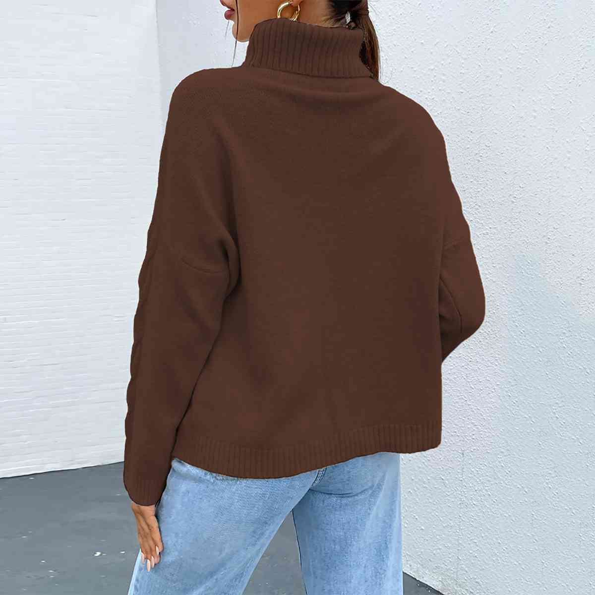 Turtleneck Dropped Shoulder Long Sleeve Sweater - T - 4 COLORS -