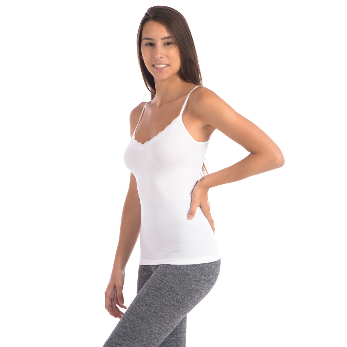 Seamless Slimming Camisole With Lace Trim at Neckline - White -