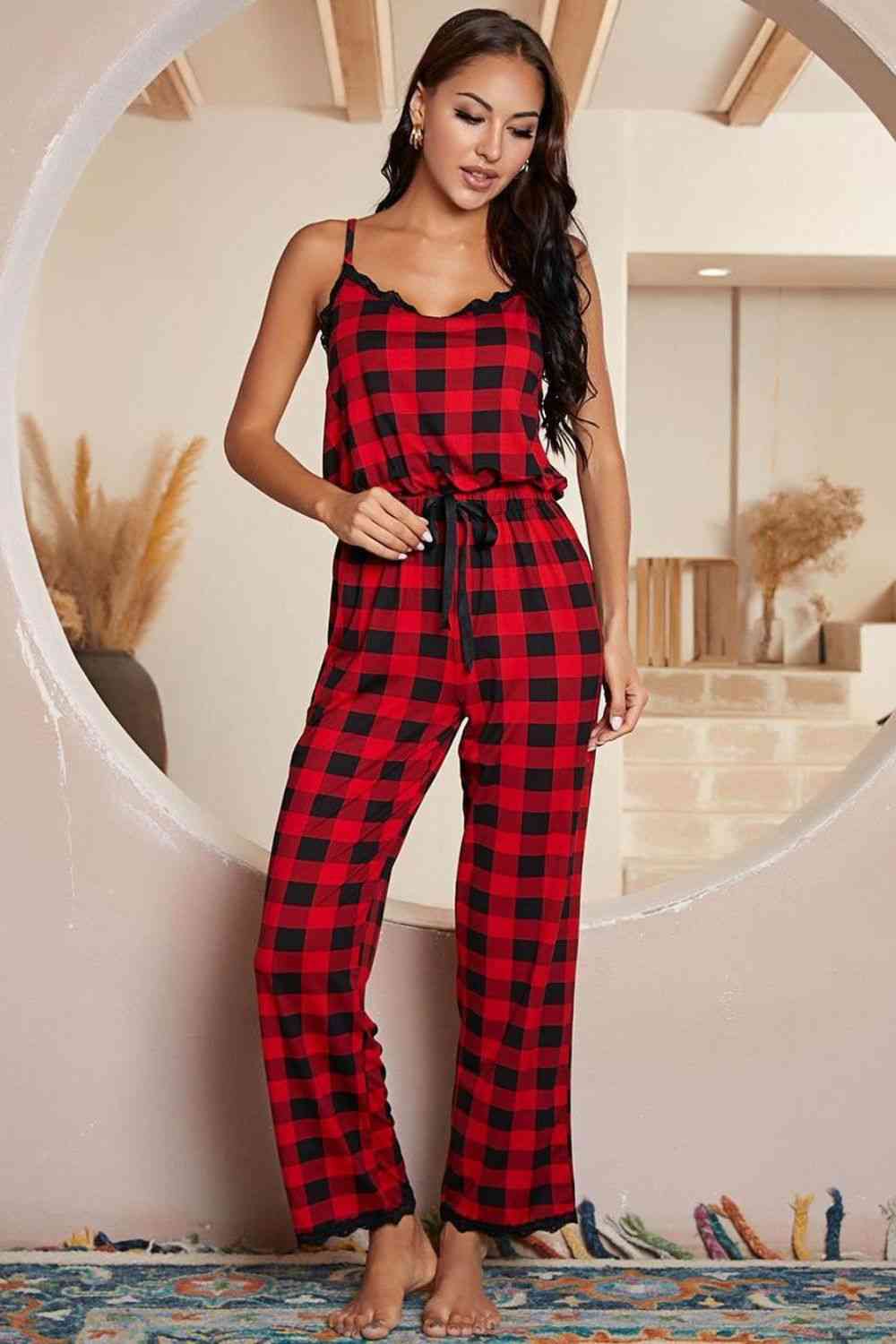 Plaid Lace Trim Spaghetti Strap Jumpsuit - T - 1 COLOR -