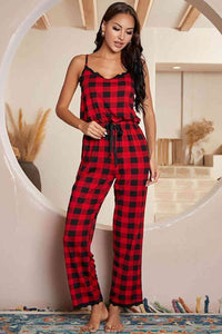 Thumbnail for Plaid Lace Trim Spaghetti Strap Jumpsuit - T - 1 COLOR -