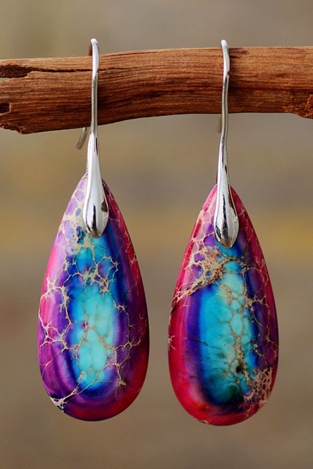 Handmade Teardrop Shape Natural Stone Dangle Earrings - T - 6 STONES / COLORS -