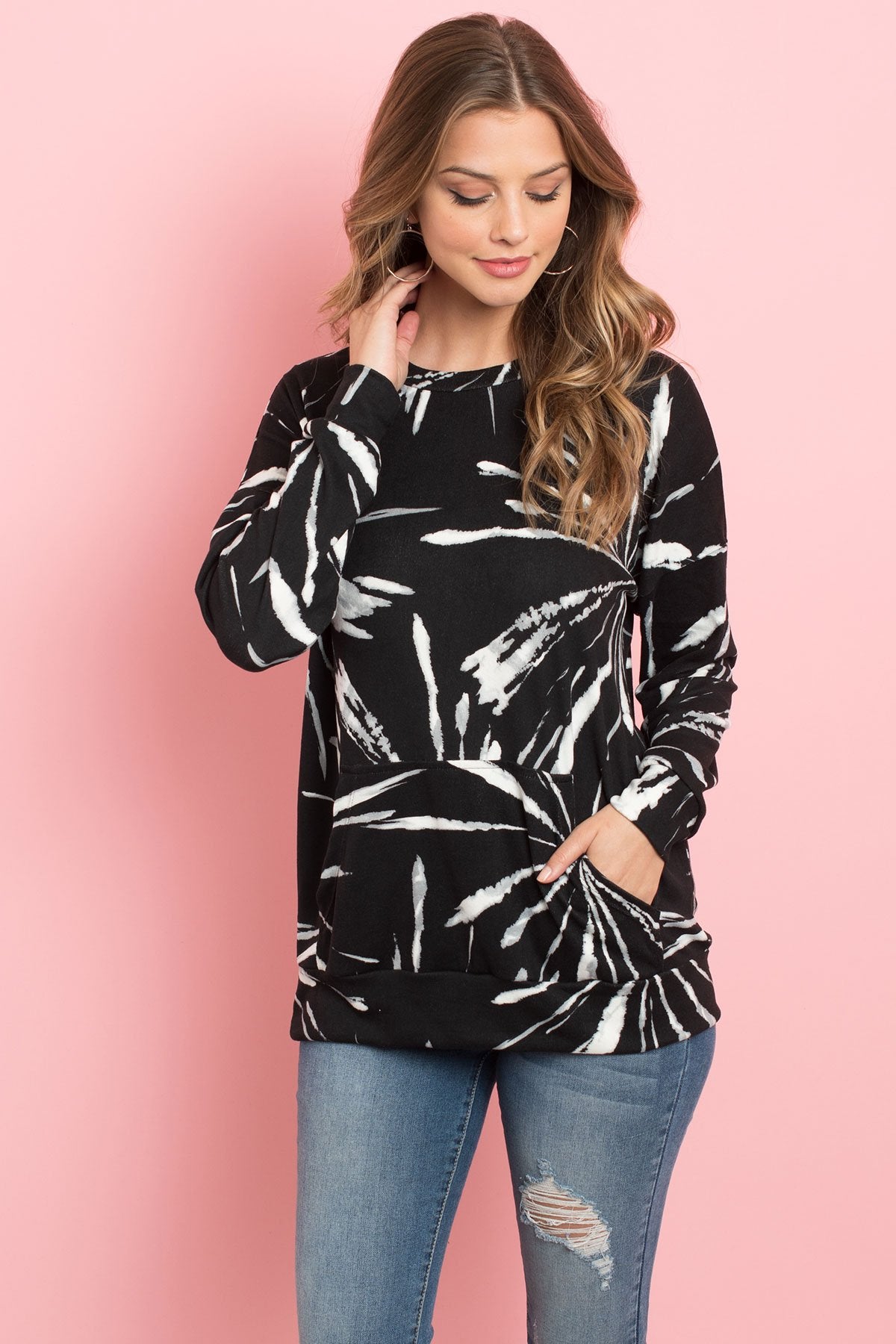 Kangaroo Pocket Tie Dye Long Sleeve Top - 4 COLORS -