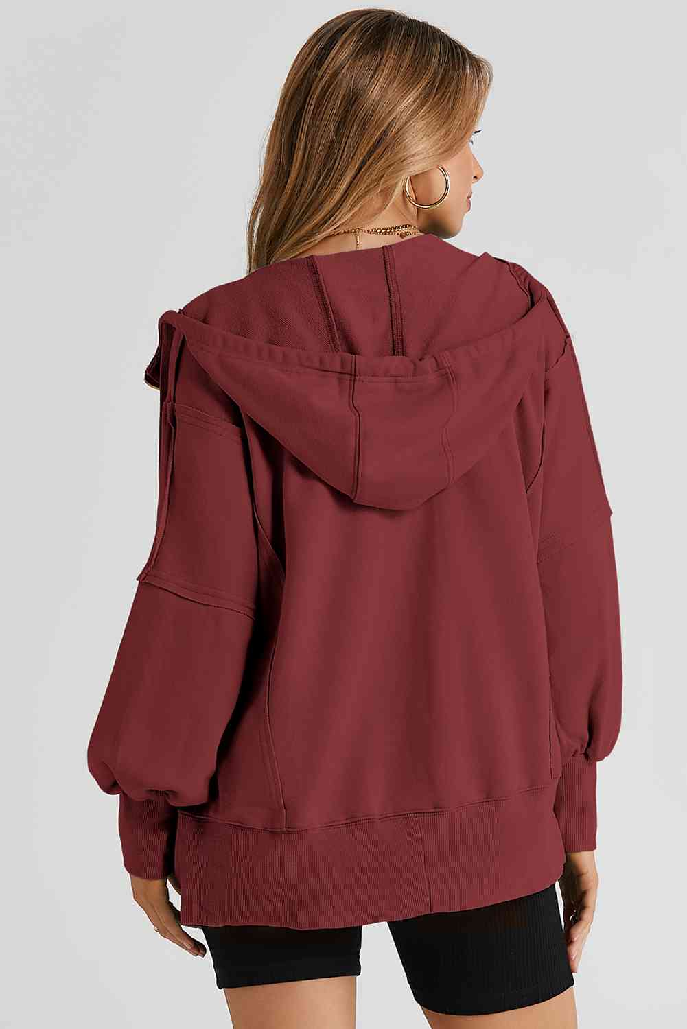 Zip Up Long Sleeve Drawstring Hoodie - T - 3 COLORS -