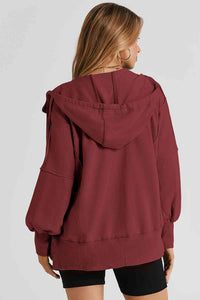 Thumbnail for Zip Up Long Sleeve Drawstring Hoodie - T - 3 COLORS -