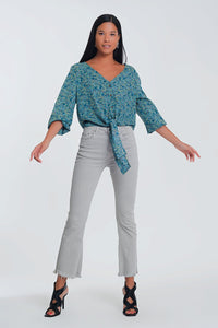 Thumbnail for Q2 - Long Sleeve v Neck Blouse With Button Detail in Green Floral Print - 1 COLOR -