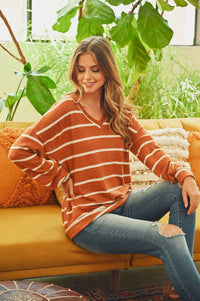 Thumbnail for Riah Fashion - Oversized Puff Sleeved V-Neck Striped Top - 4 COLORS -