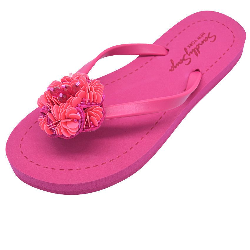 SAND BY SAYA N.Y. - Pink Noho Flower- Embroidered Flat Flip Flops Sandal - 5 COLORS -