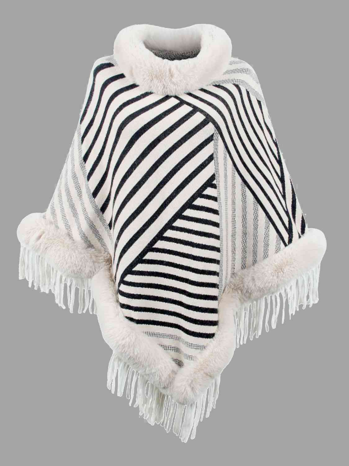 Striped Fringe Hem Poncho - T - 5 COLORS -